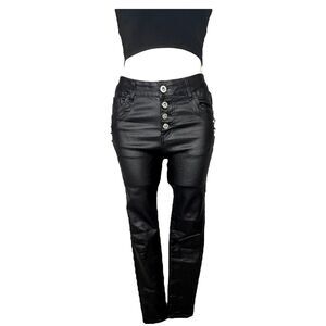 JEWELLY Black Faux‎ Leather Jeans Stretch Jegging Pants Button Fly US 8 /EU36